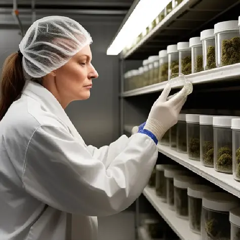 Gloved workers inspect cannabis inventory behind a stark dividing barrier, evoking contested coverage and operational risk.