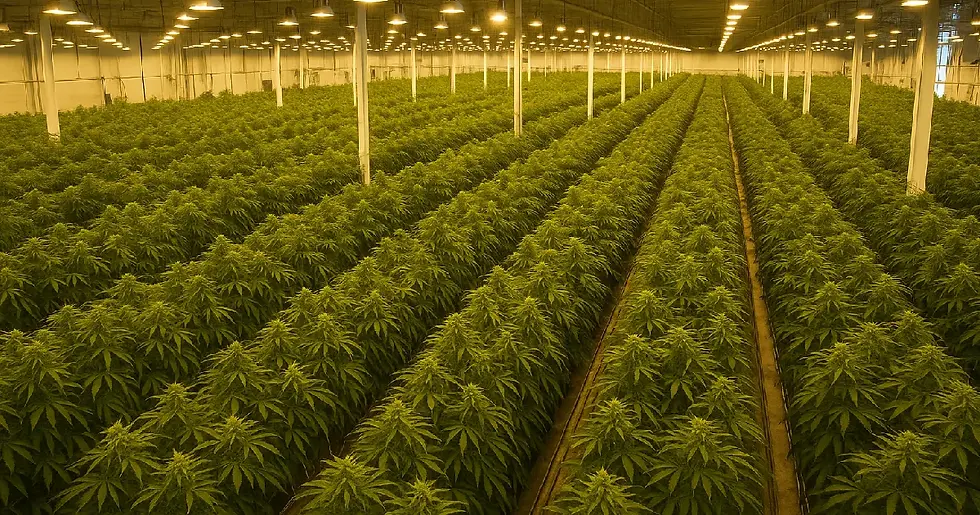 Aerial view of a cannabis cultivation facility highlighting rows of plants, symbolizing the growth and competition in the cannabis market.