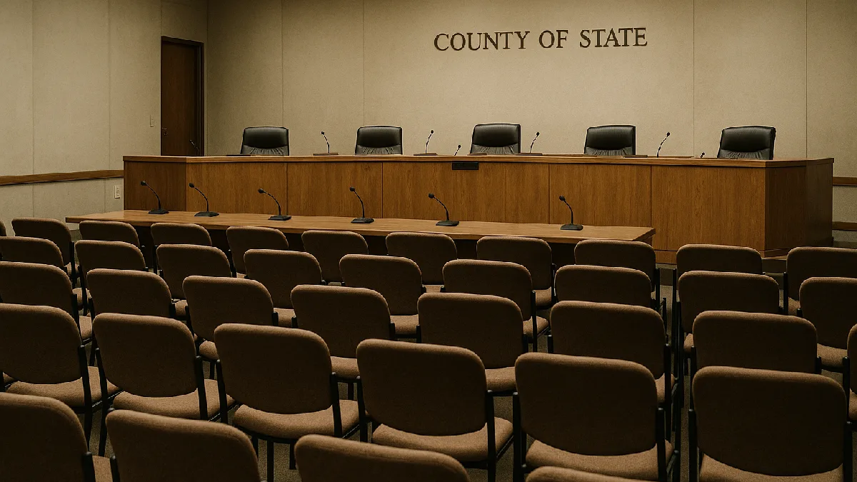 Empty county meeting chamber prepared for deliberation over San Luis Obispo cannabis tax rates