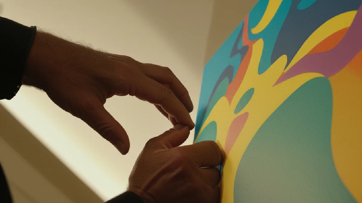A curator’s hands position a colorful psychedelic painting inside the Chambers Project gallery.