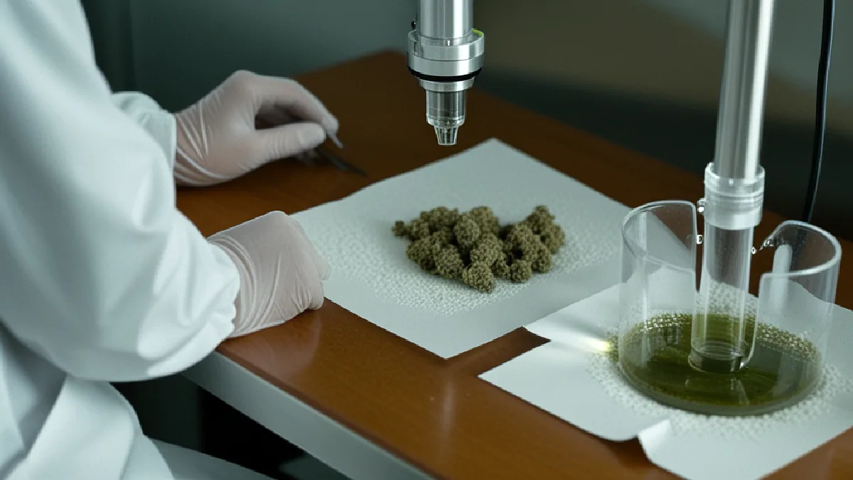 Ricercatori con guanti maneggiano campioni di cannabis e vetreria da laboratorio in uno studio sugli effetti legati alla sessualità.