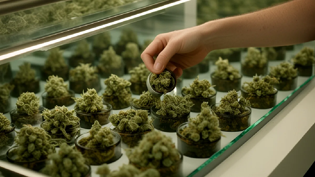 Gloved hands arrange cannabis containers inside a regulated Massachusetts retail display.