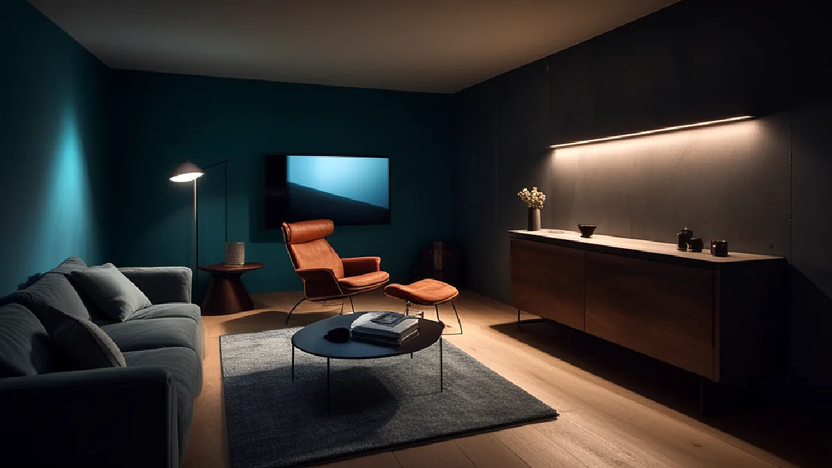 La silueta de un espectador sentado en un sillón iluminado por una luz ambiental fría, azul y carmesí.