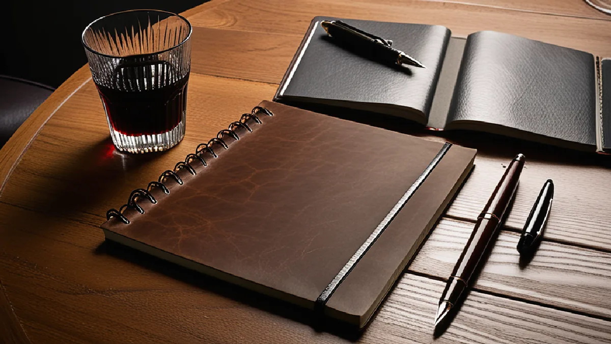 A fountain pen and executive notebook alongside a cold drink glass, reflecting high-stakes business deals in the cannabis sector.