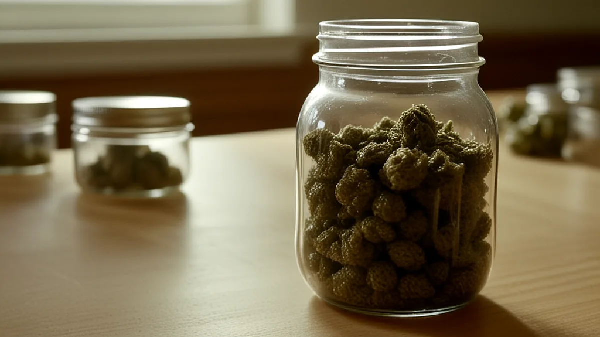 A clear glass jar filled with dried green botanical buds sits on a wooden table next to several smaller jars blurred in the background.