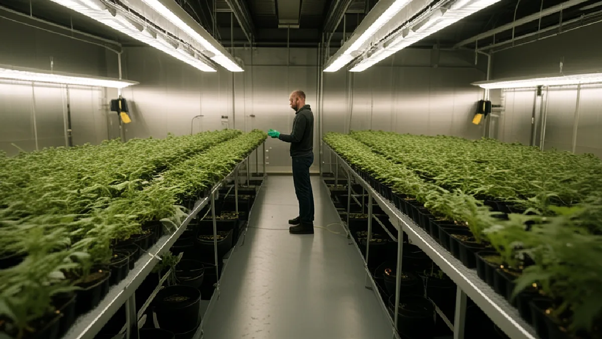 A gloved worker inspects cannabis plants in a controlled grow room, illustrating compliance standards used in competitive licensing.