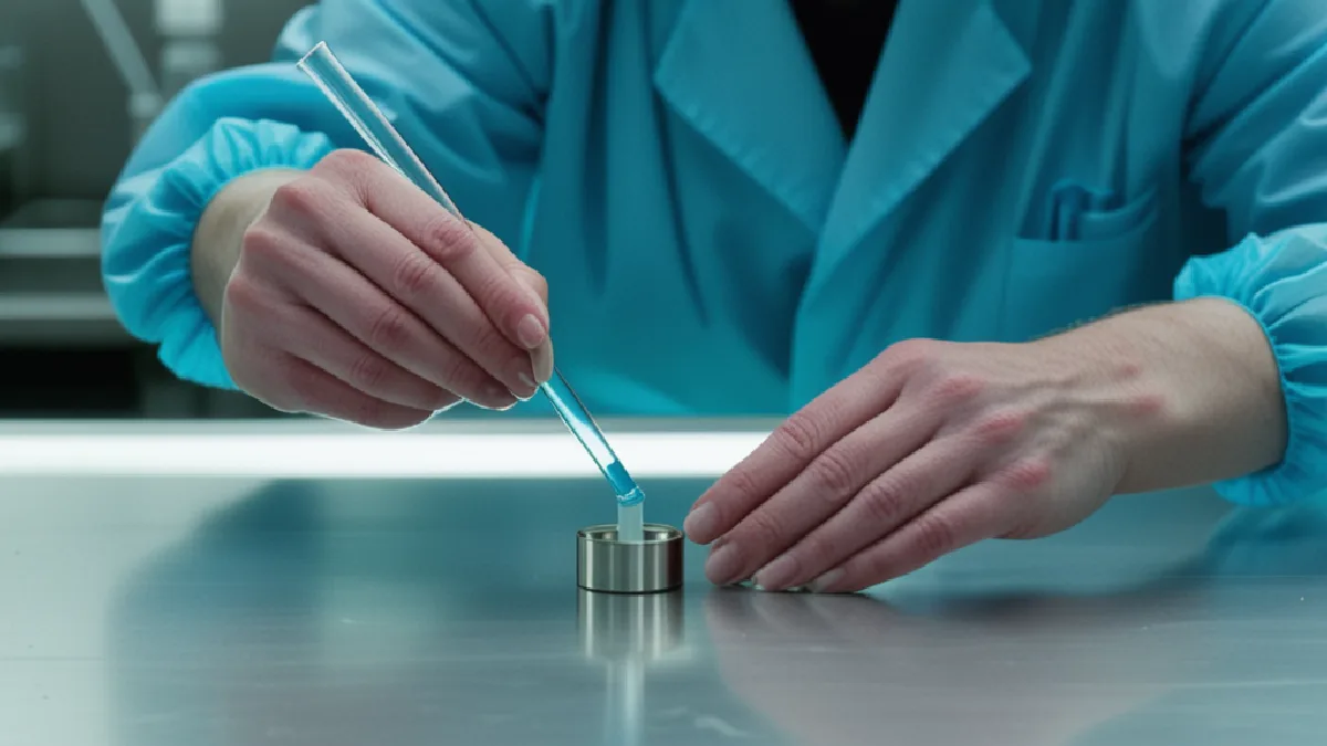 Laboratory hands prepare an unlabeled sample beside monitoring equipment, illustrating the need for controlled evidence.