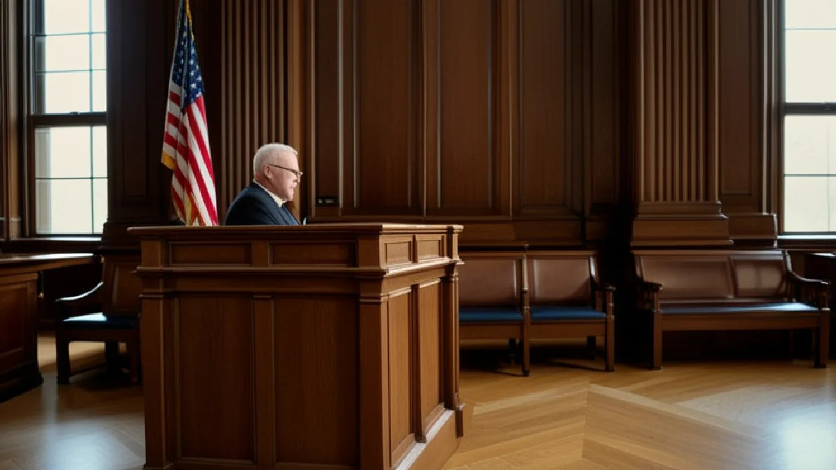 An interior view of an empty federal appellate courtroom showing polished dark mahogany tables and warm wood paneling.