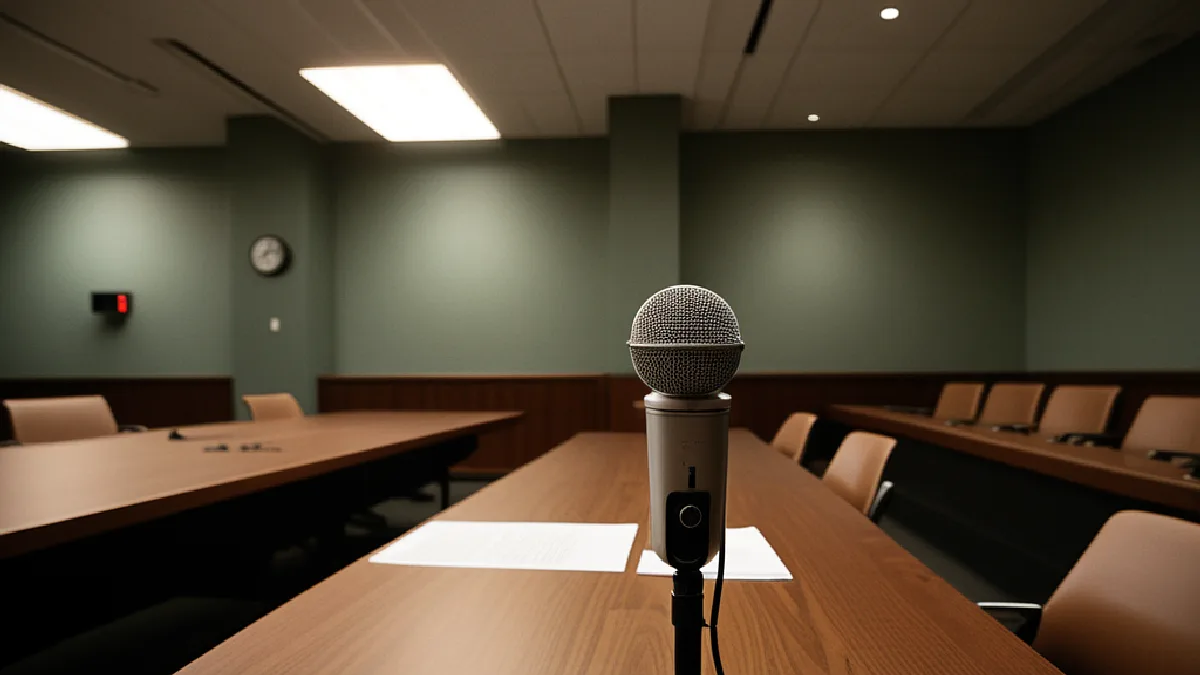 An FDA hearing room microphone evokes public input on dosing, monitoring, ethics, and trial design.
