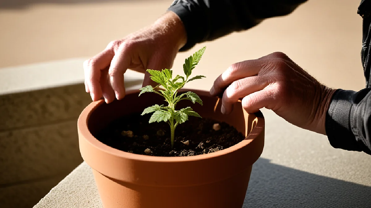 Gloved hands care for a young cannabis plant with Nebraska’s Capitol behind it, linking cultivation to the state’s medical marijuana vote.