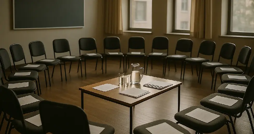 Civic meeting room prepared for drug policy discussion illustrating Filter op-ed on meth narratives and DMV cannabis delivery regulations