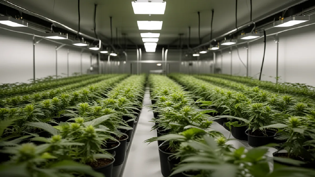Rows of potted leafy green plants grow under bright overhead lights inside a large indoor facility.