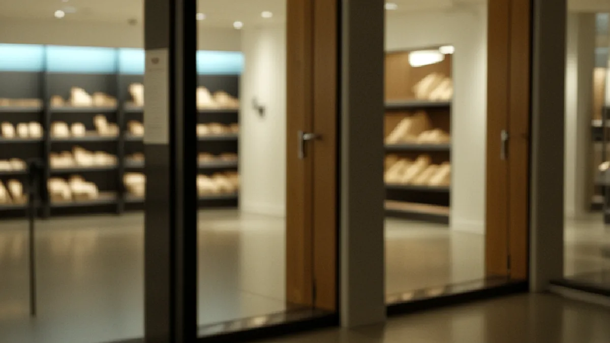 A softly blurred view through glass panels into a modern interior space with wooden door frames and shelves displaying items in the background.