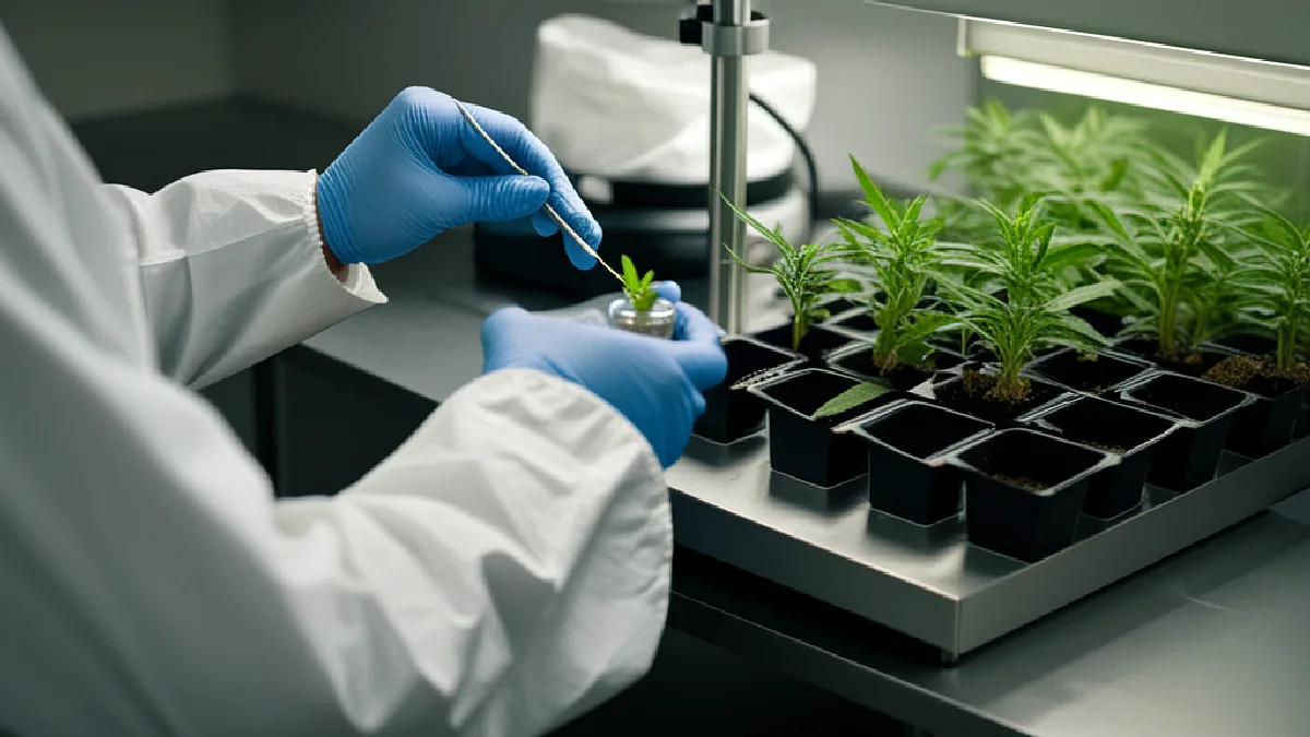 Un tecnico di laboratorio prepara i fiori di cannabis per l'analisi, a dimostrazione dell'effettiva applicazione delle norme di sicurezza piuttosto che di un indebolimento delle tutele per i consumatori.