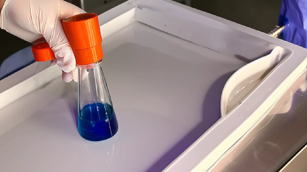 A liquid chemical reagent test on a white ceramic plate showing a vivid color reaction for drug purity and harm reduction analysis.