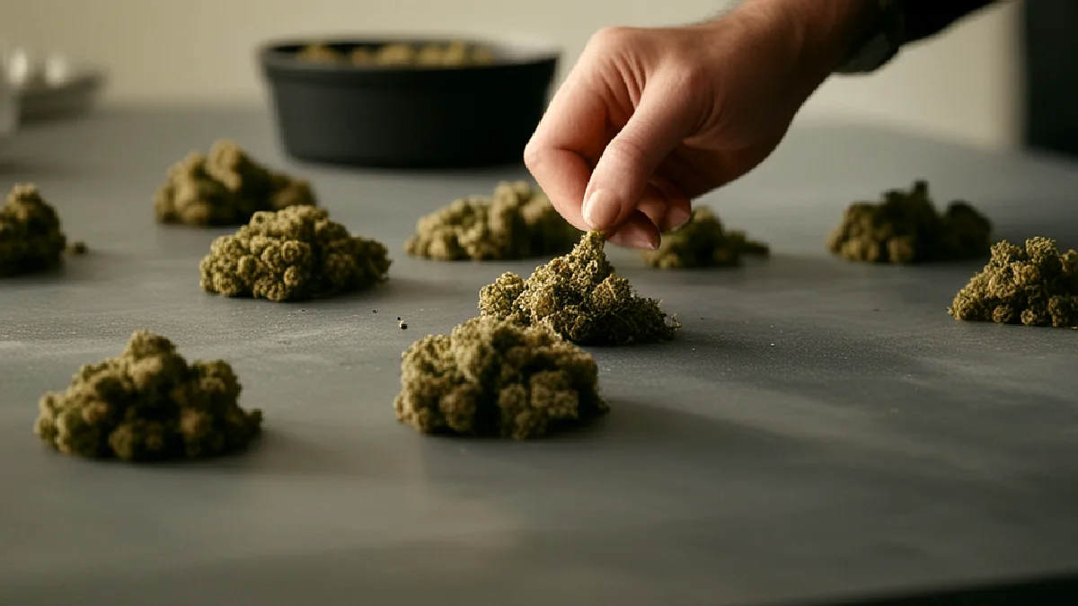 Gloved hands inspect different cannabis formats, illustrating how potency taxation can influence menu engineering.