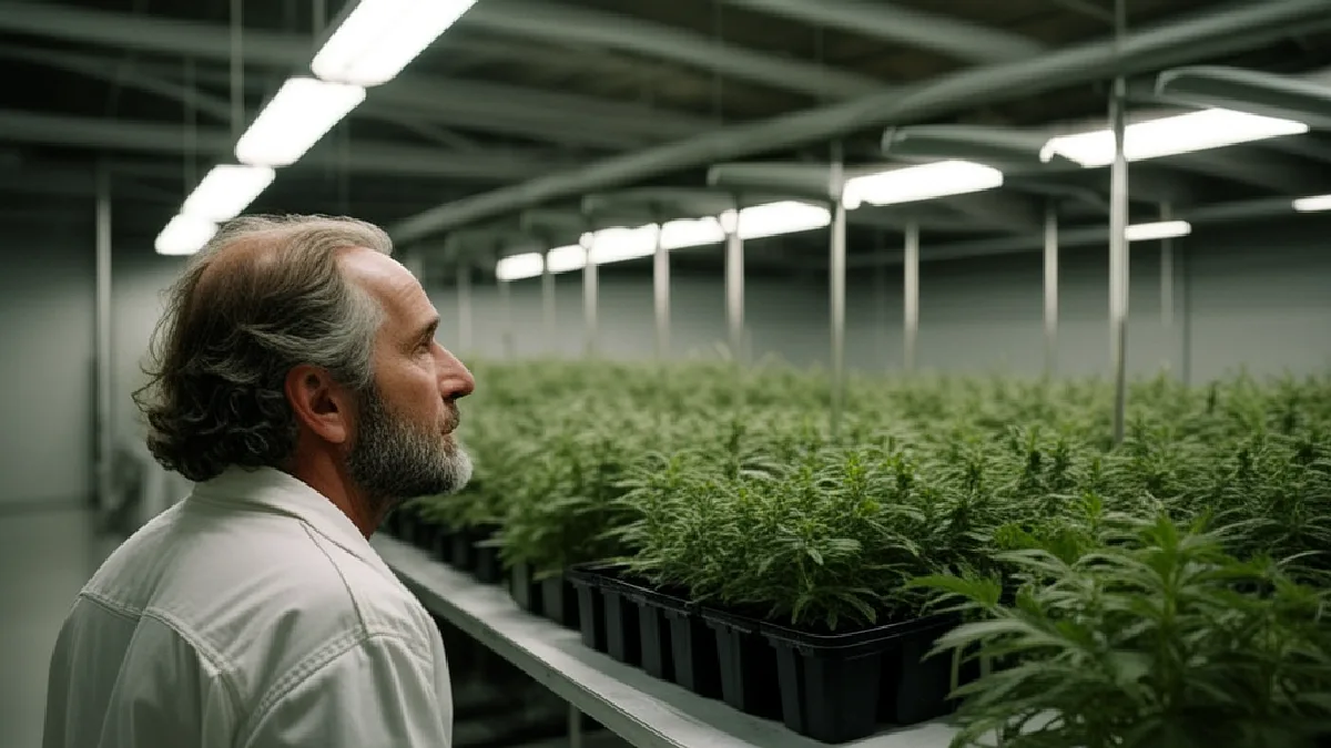 A worker inspects drying cannabis and storage equipment inside a New Mexico cultivation facility.