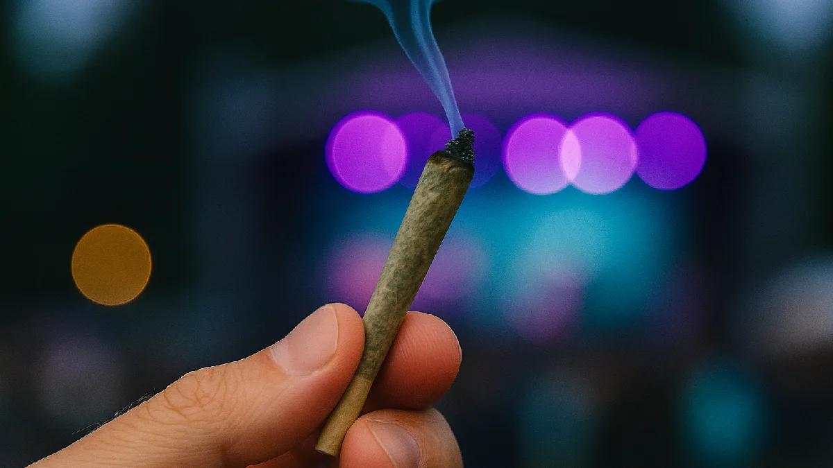 A close-up of a lighted joint emitting a gentle curl of smoke, set against a blurred nighttime music festival stage illuminated by vibrant lights.