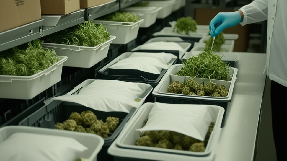 Gloved workers handle secured inventory in a controlled fulfillment room, illustrating delivery compliance procedures.