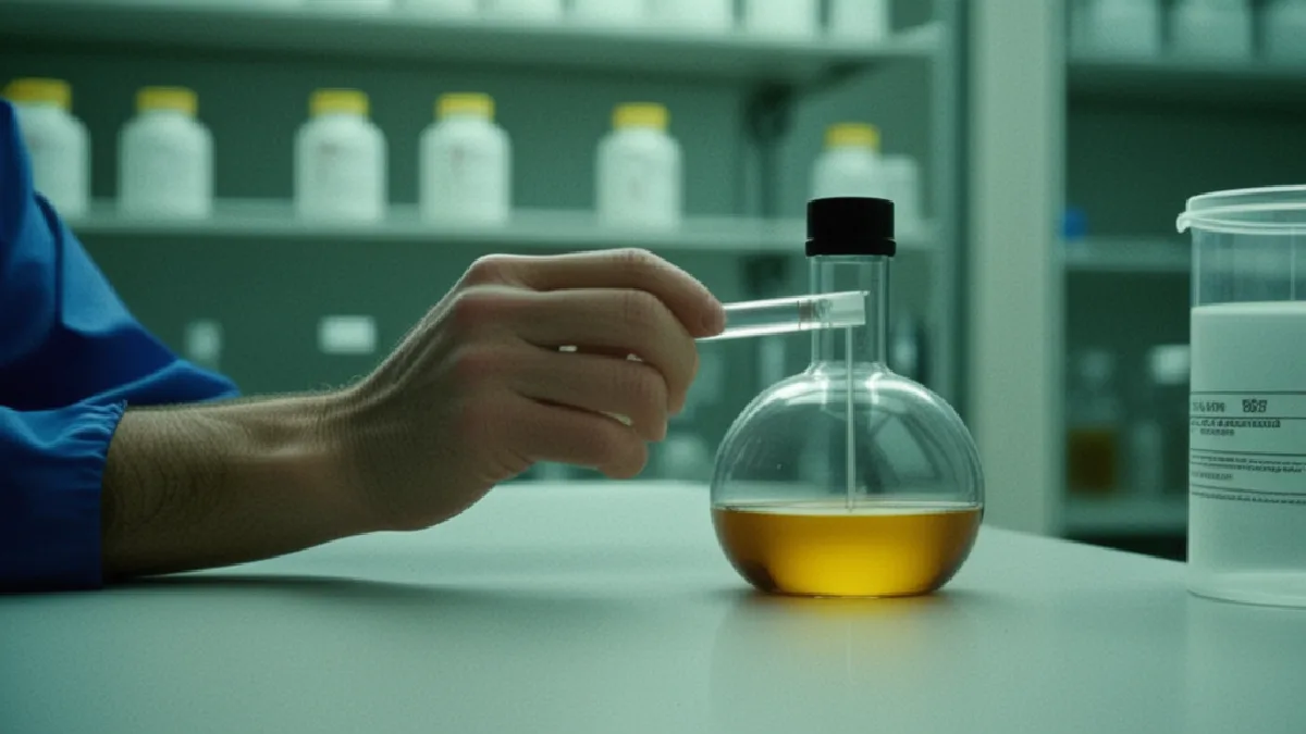 Gloved laboratory hands prepare an unlabeled vial, representing next steps toward precise synthetic 5-MeO-DMT research.