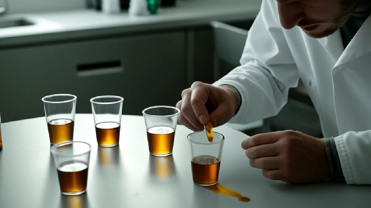 Gloved hands test amber beverage samples in a laboratory as federal THC limits threaten current products.