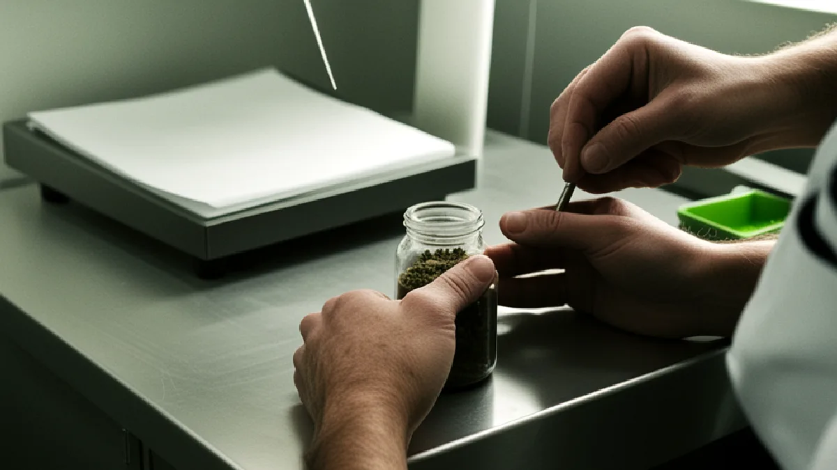 Gloved hands weigh cannabis flower samples in a laboratory, illustrating tighter product testing and cannabinoid measurement.