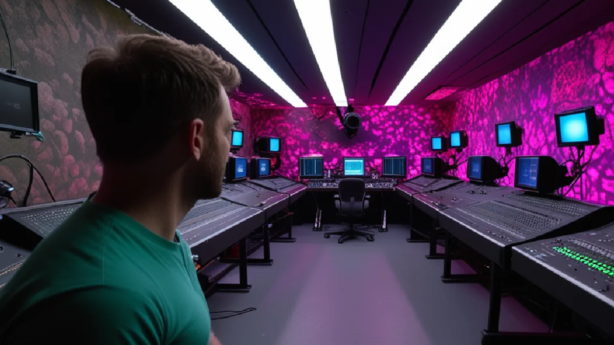 Hands adjust visual equipment as psychedelic colors fill the immersive room used for Mauss’s comedy special.