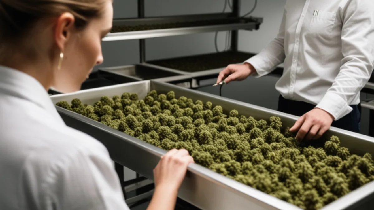 Two workers align trays of finished cannabis flowers in a clean production workspace.