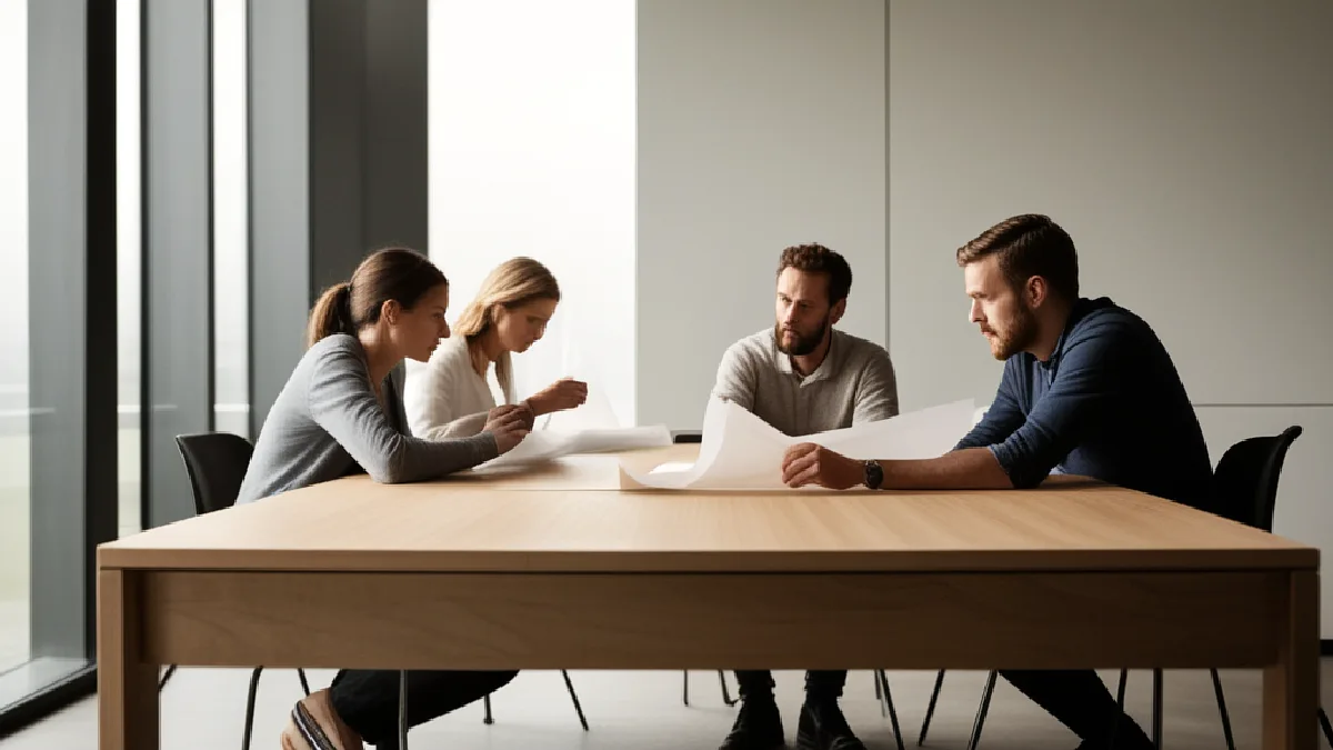 Three facility experts confer around an architectural model during an industry planning discussion.