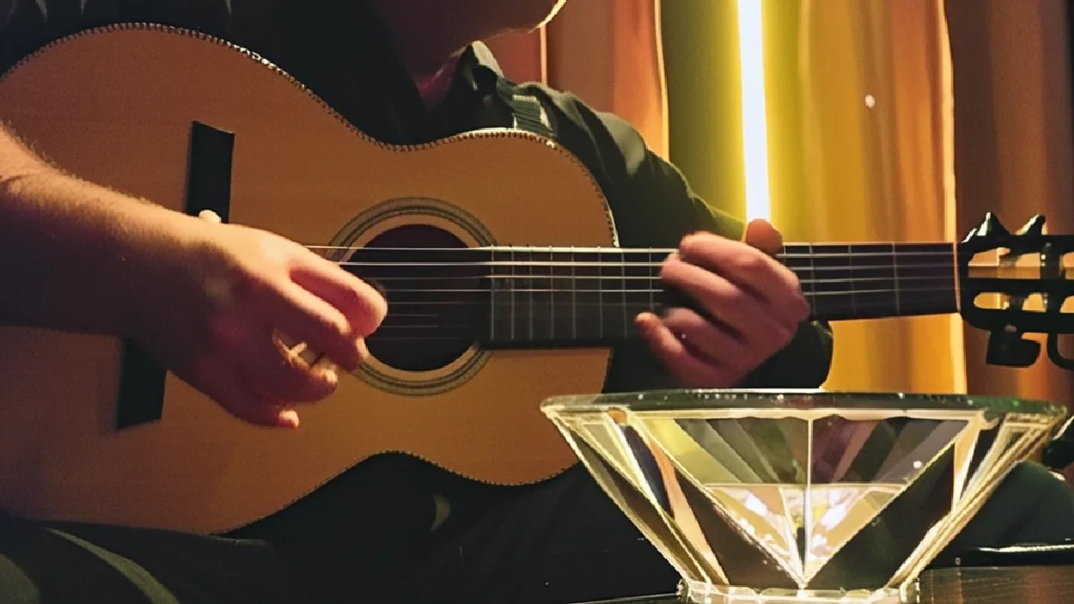 Close-up of a musician playing acoustic guitar beside a frosted crystal sound bowl under soft stage lights during a live set.