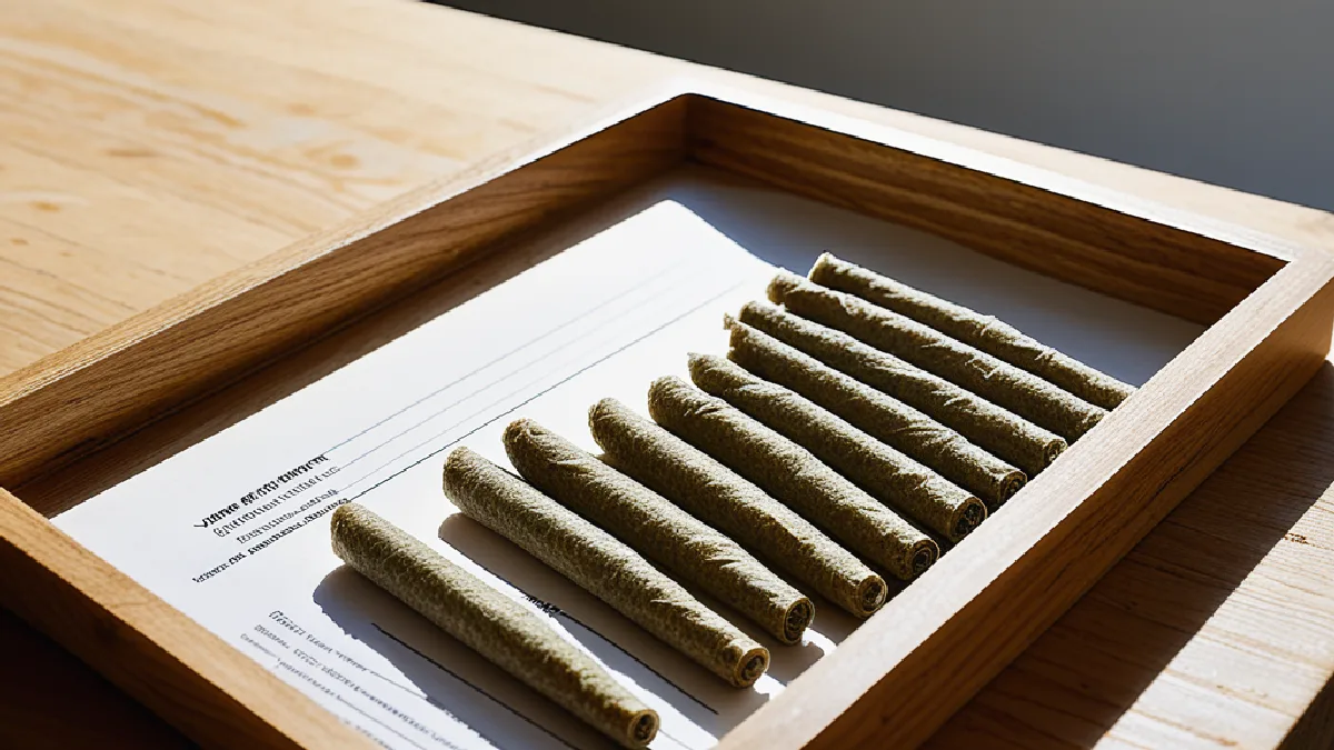 Pre-rolled hemp joints arranged in a wooden box beside legal document clipboards, detailing the regulatory background of Hawaii's hemp ban.