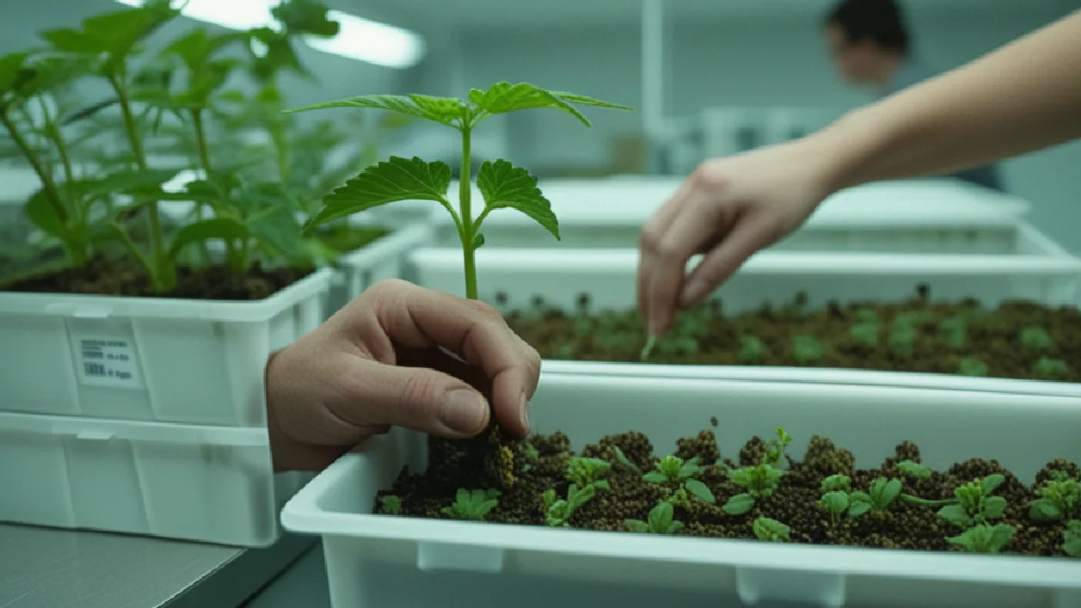 Hands work among cannabis plants and compliance equipment, reflecting Anand’s industry and regulatory experience.