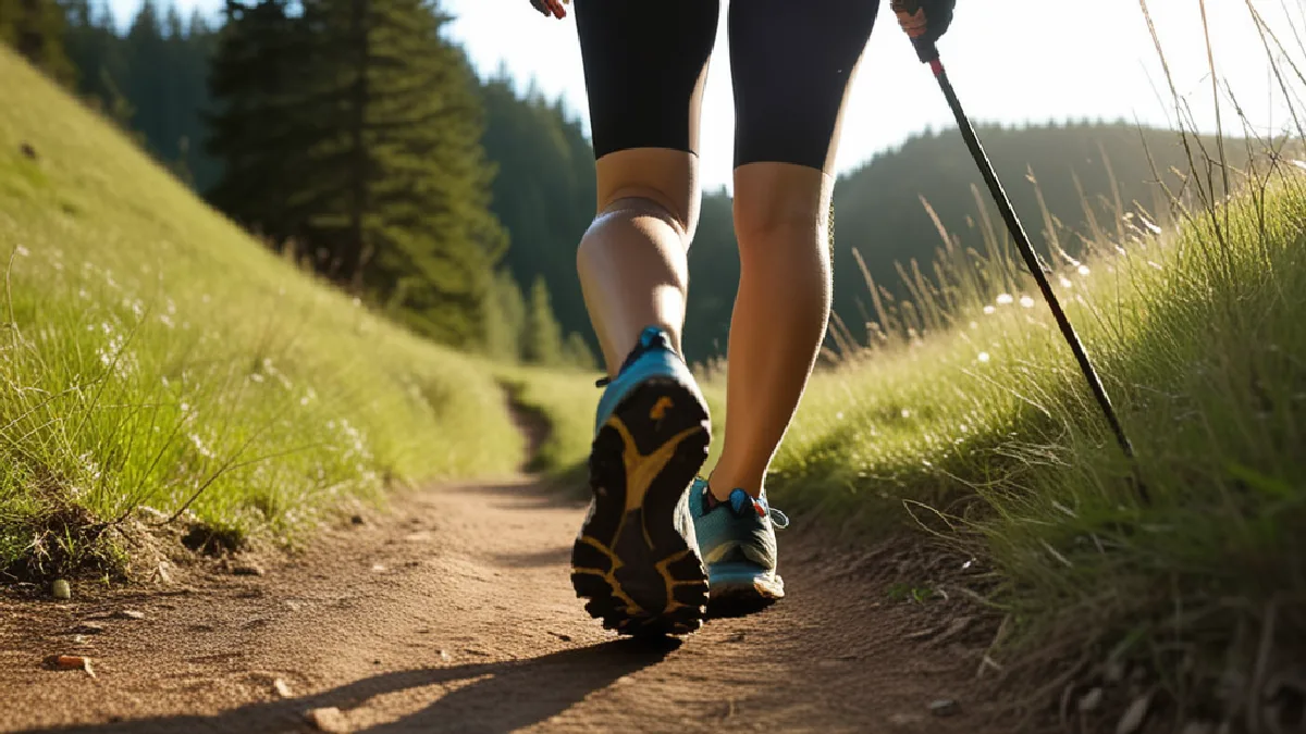 Trail gear and hydration beside a quiet path illustrate safer, lower-intensity training guardrails.