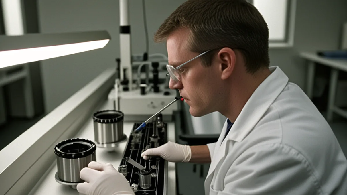 A technician transfers an air sample through tubing and glassware, illustrating the method’s path from scent detection to THC analysis.