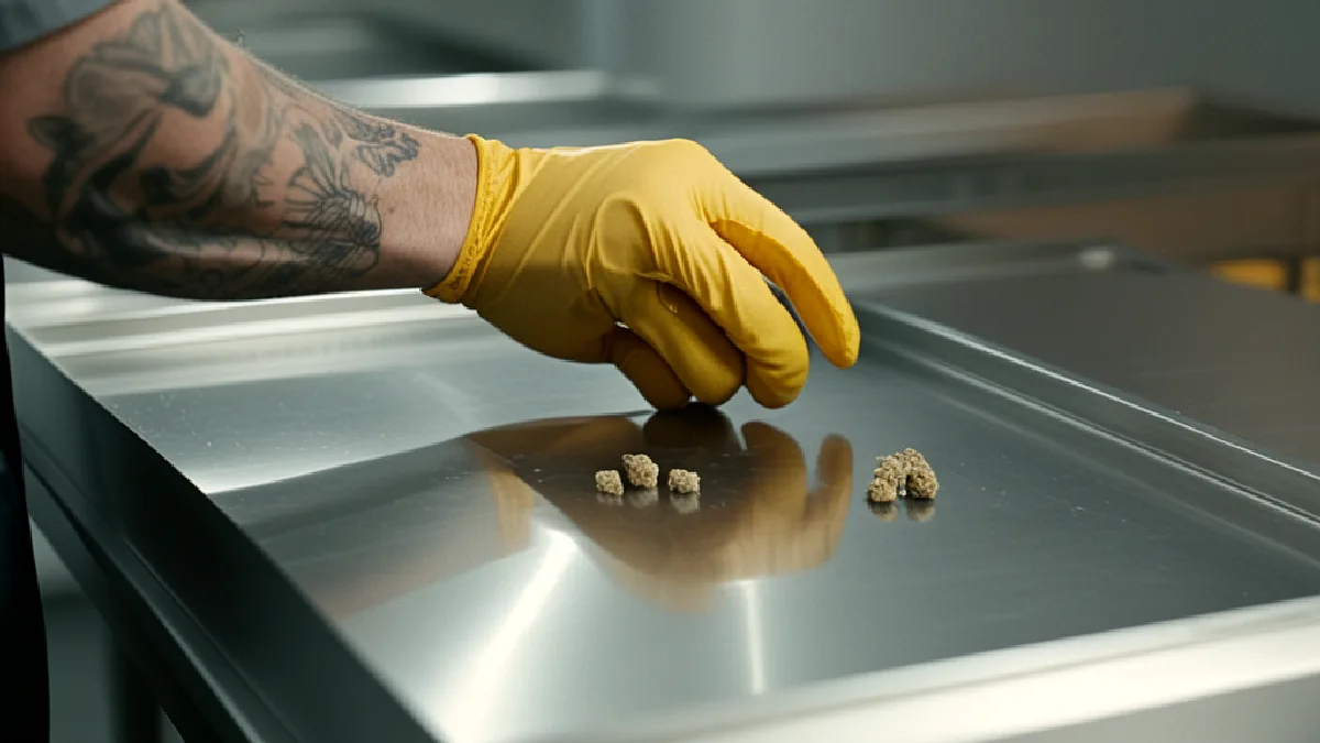 Gloved hands inspect unlabelled cannabis delivery materials, linking operational controls with broader workplace compliance.