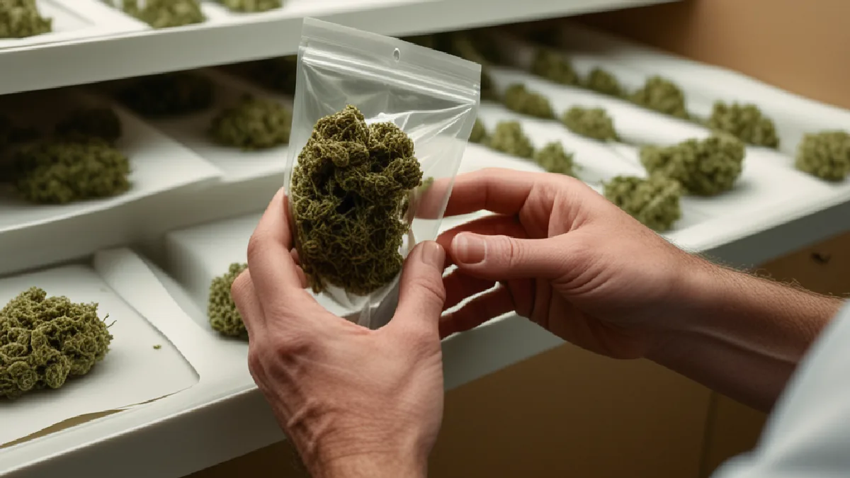 Los empleados ensayan un flujo de trabajo documentado para la entrega de cannabis en un área segura de preparación de una tienda minorista.