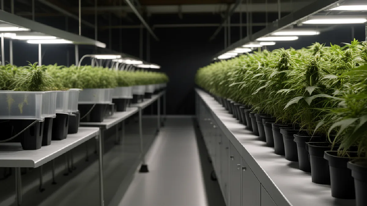A regulated indoor cannabis grow room represents legal adult-use systems operating in neighboring New England states.