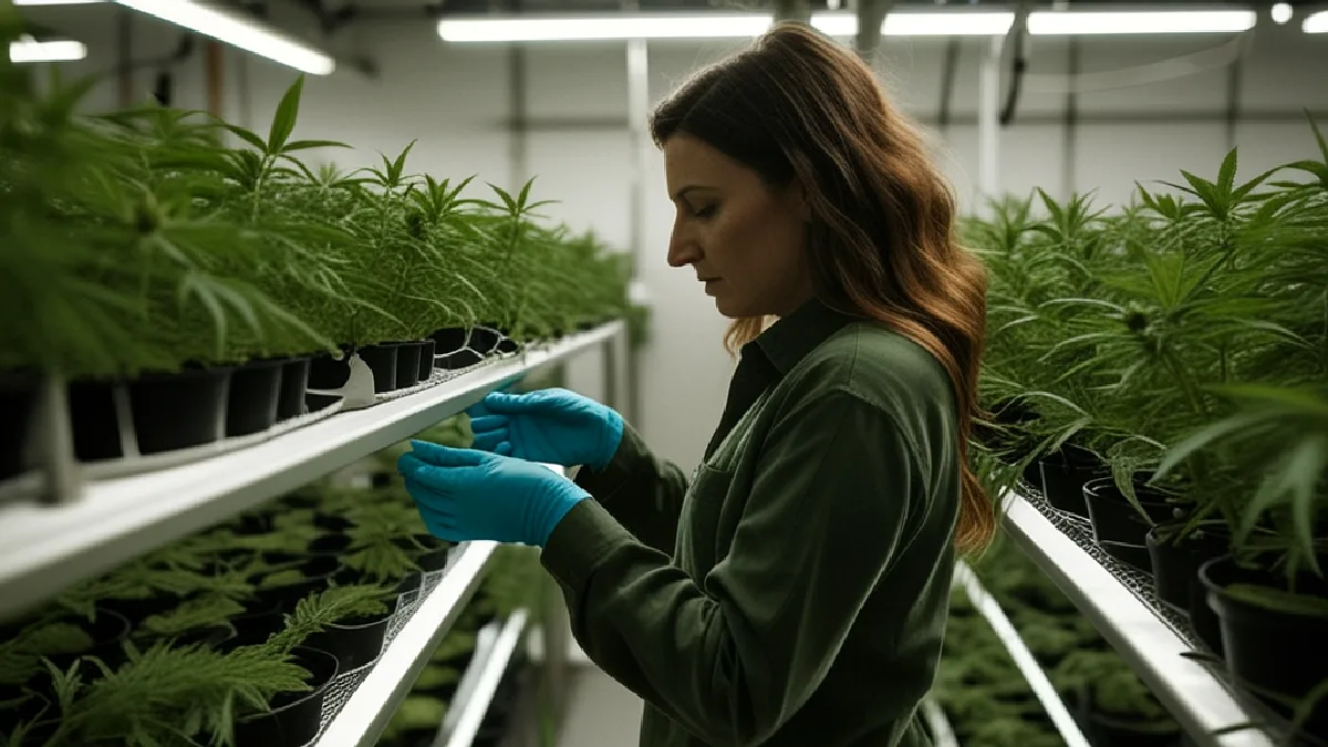Gloved hands inspect drying cannabis in a controlled facility, symbolizing operational and investment risks in the takeover uncertainty.