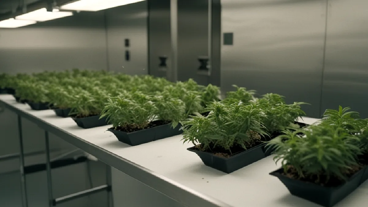 Rows of cannabis seedlings and distant workers convey the intense competition for limited Missouri licenses.