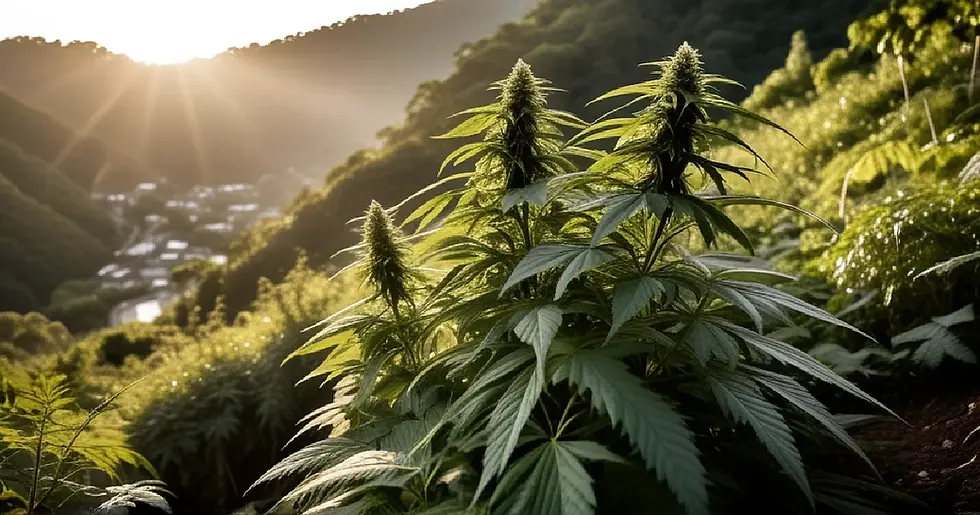 A cultivator examines mature cannabis plants on a Jamaican hillside, evoking traditional farming entering a regulated market.