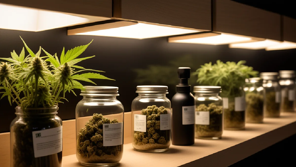 Un comprador elige flores de cannabis en una elegante exhibición minorista, lo que ilustra la familiaridad, los precios y la selección de productos.