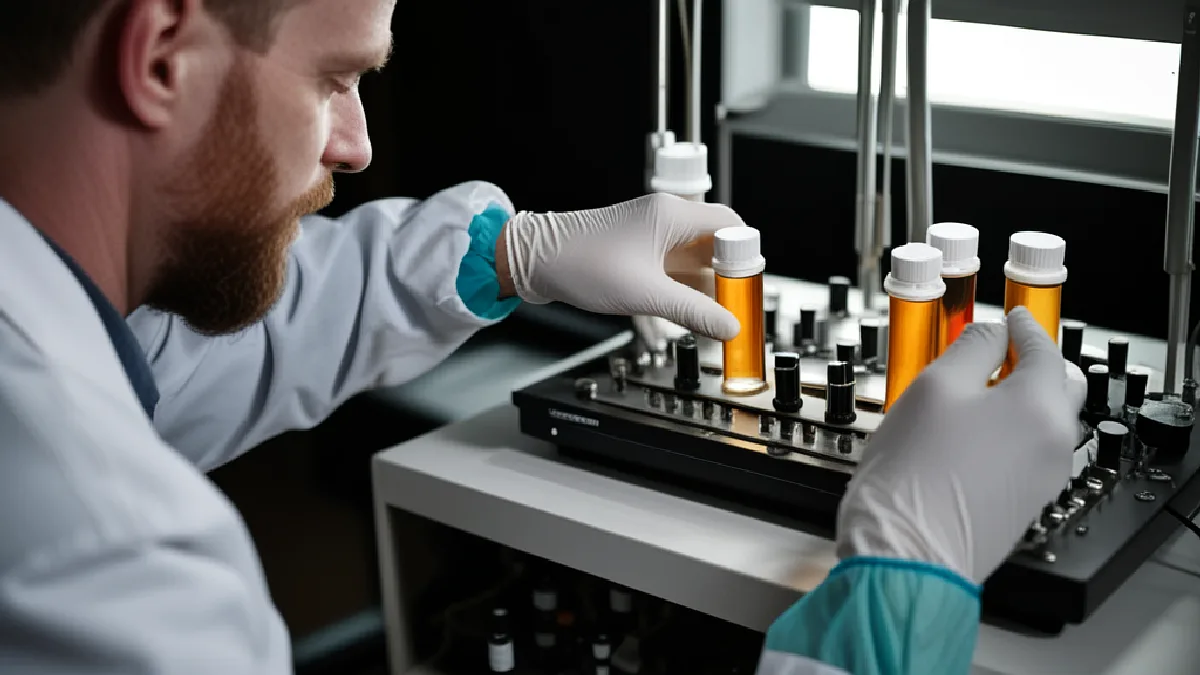 A laboratory technician loading amber glass vials into a liquid chromatography testing machine.