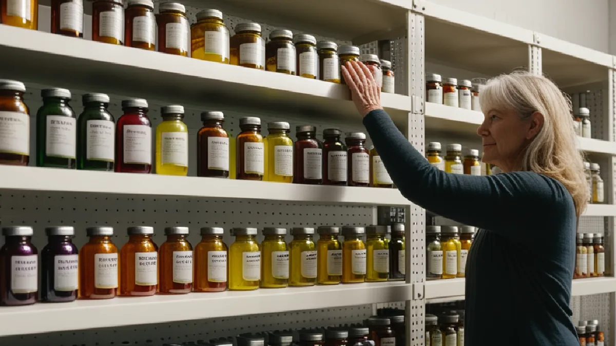 A retailer stocking shelf space with oral hemp tinctures and edibles while clearing out smokable flower jars, highlighting shifting market inventory.