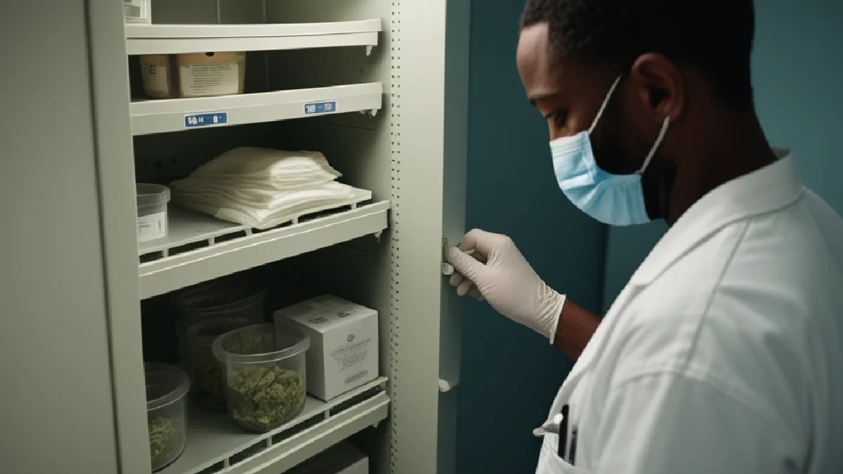 Gloved hands work beside a locked cabinet, visualizing the permissions governing controlled-substance access.