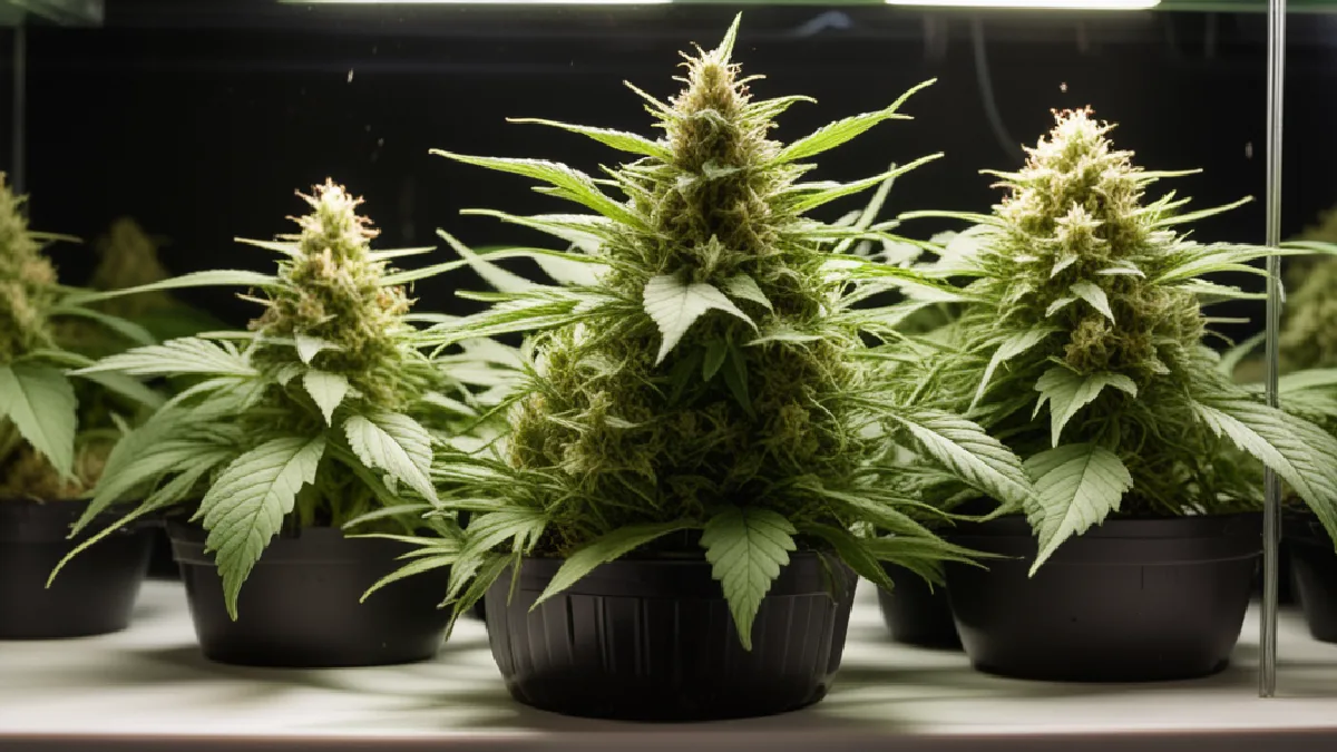 A resinous Super Boof cannabis plant displays dense flowers and branching in a clean indoor cultivation room.