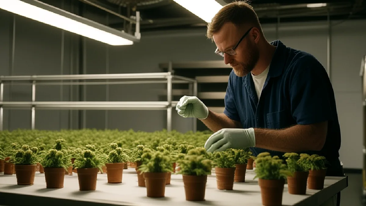 Gloved hands inspect cannabis flowers in Maine, illustrating parallel repeal debates across legalized states.
