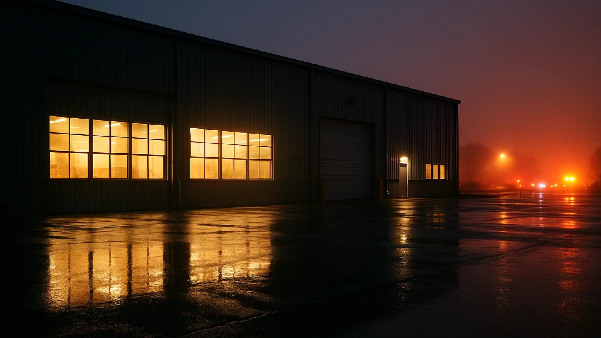 Exterior view of a commercial industrial warehouse building framed by dusk lighting, representing an emergency investigation site.
