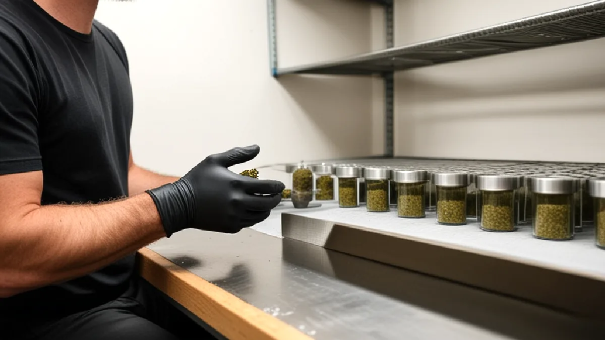 Gloved hands inspect a sealed cannabis container and security seal, signaling operational and compliance risks in delivery agreements.