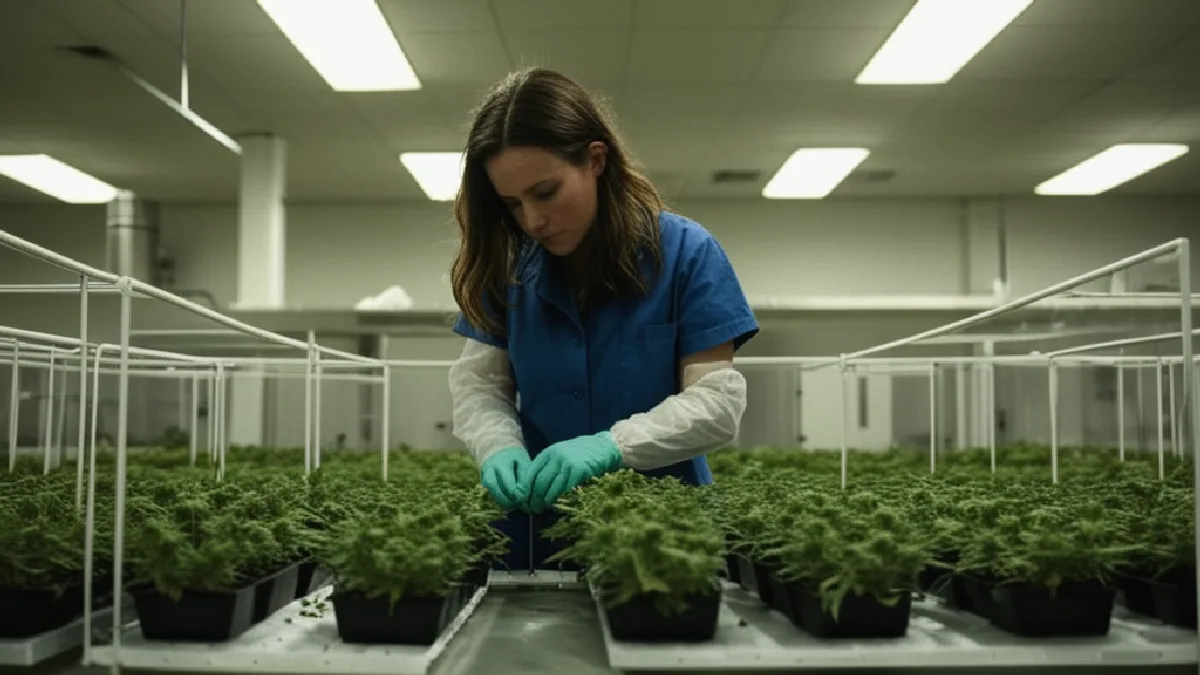Workers inspect cannabis plants in a controlled facility, illustrating operational standards behind licensing and delivery compliance.
