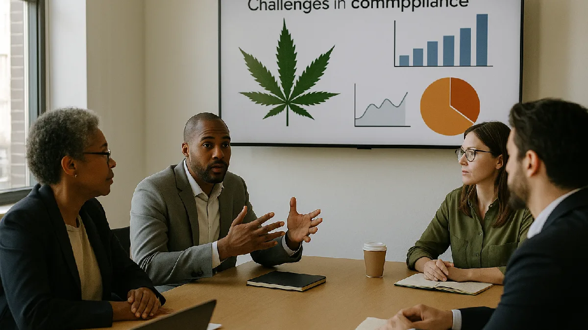A team meeting focused on cannabis compliance strategies, depicting the collaborative effort to address regulatory challenges.